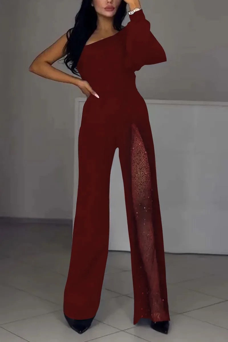 Damen Eleganter Jumpsuit mit transparenten Einsätzen und Pailletten R&B