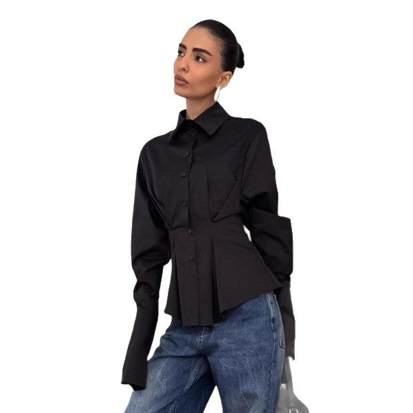 Damen Modische Hemdbluse mit tailliertem Schnitt und voluminösen Ärmeln R&B
