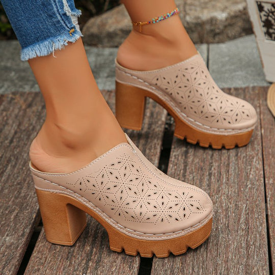 Damen Offene Clogs mit floralem Cut-Out Design und klobigem Absatz R&B