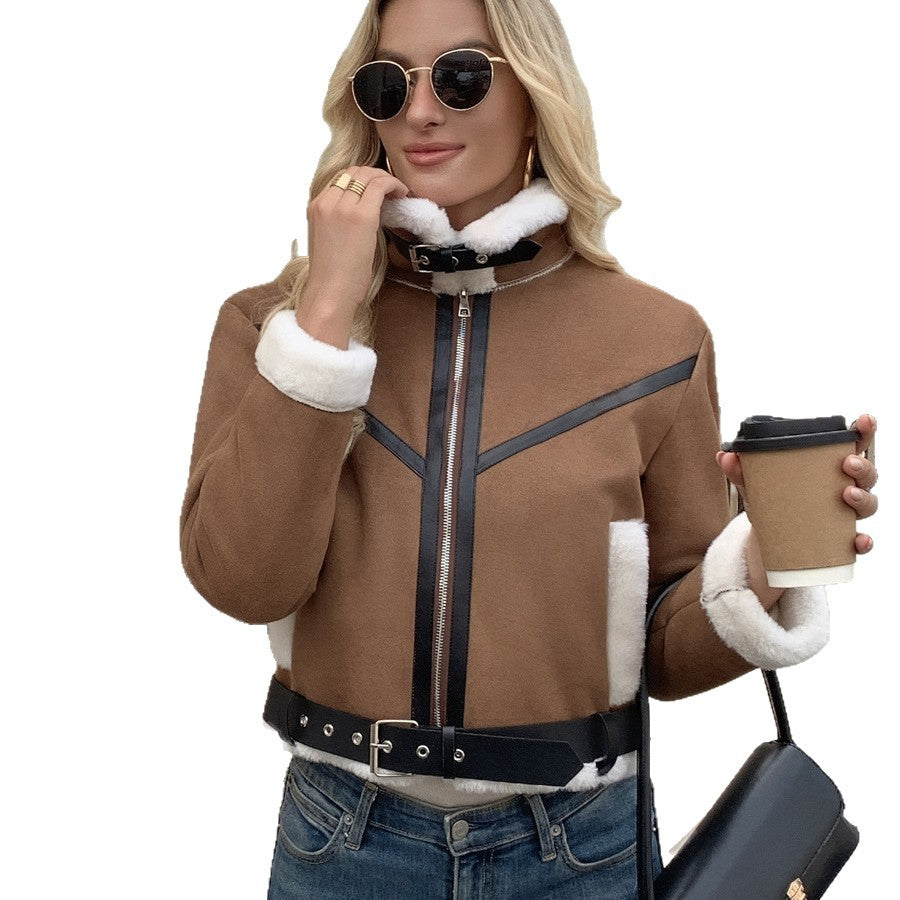 Damen Stylische Jacke mit Kunstfellbesatz und dekorativen Schnallen R&B