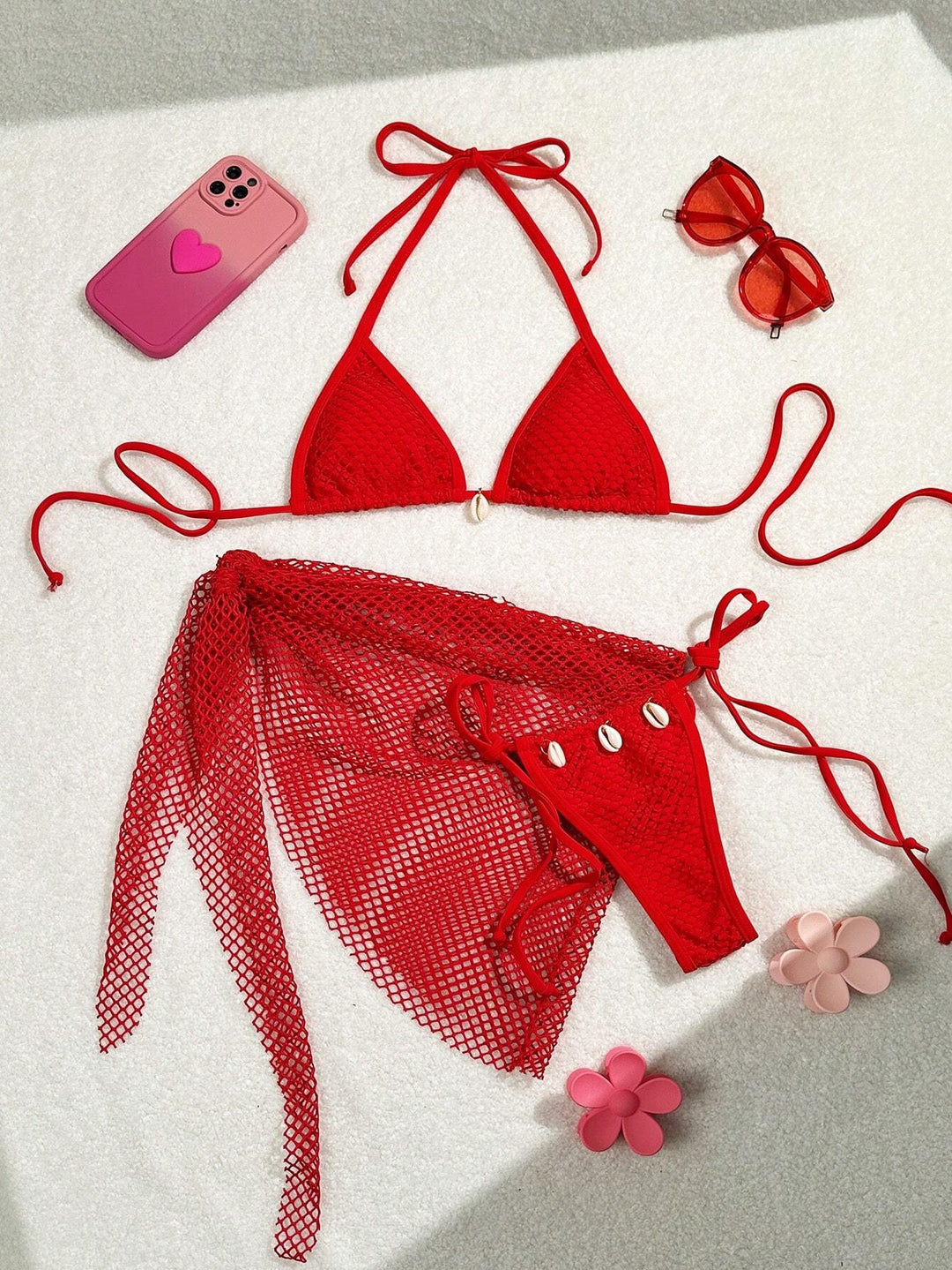 Damen Triangel-Bikini mit transparentem Netzgewebe und Schnürdetails R&B