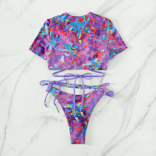 Damen Crop-Top Bikini-Set mit kreativem Schnitt und farbenfrohen Akzenten R&B