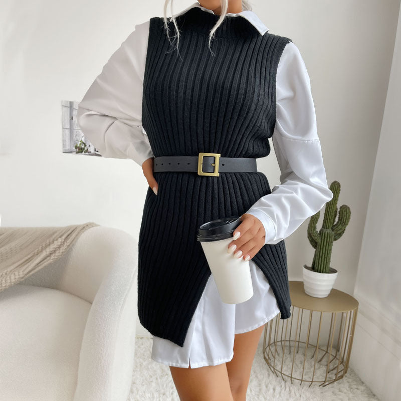 Damen Strickkleid mit Taillengürtel und seitlichen Schlitzen R&B