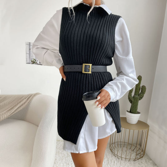 Damen Strickkleid mit Taillengürtel und seitlichen Schlitzen R&B