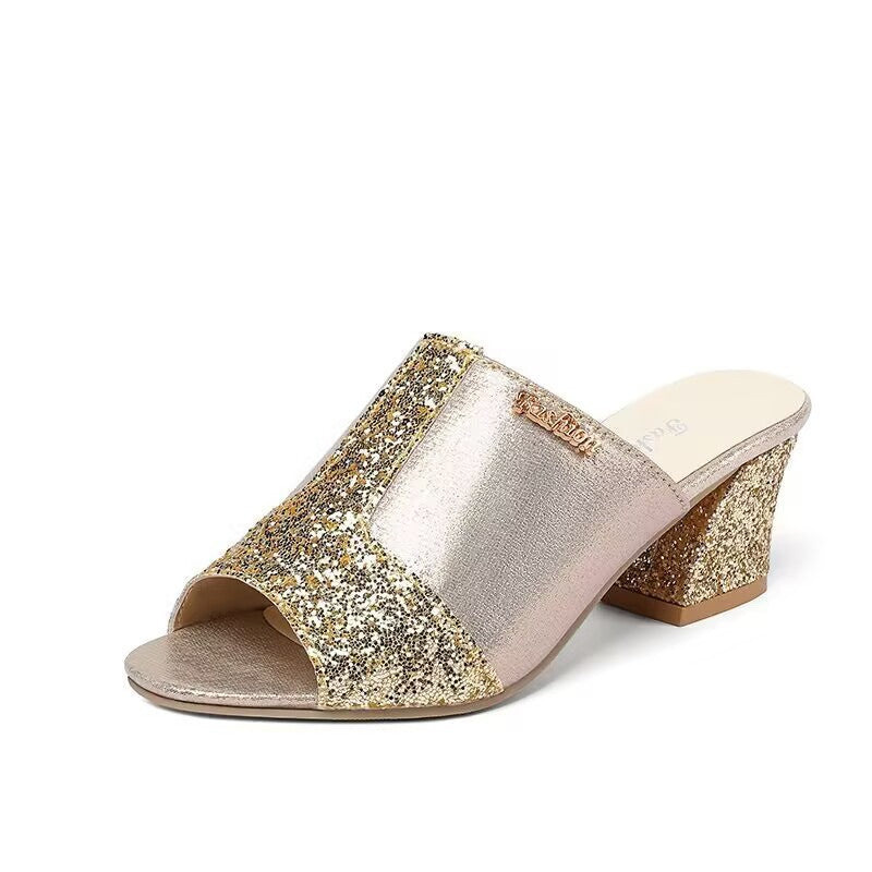 Damen nan elegante offene Pantolette mit feinem Netz, funkelnden Applikationen und mittelhohem Blockabsatz R&B