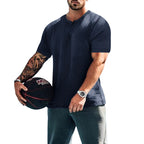 Herren lässiges Kurzarm-Henley-Shirt mit hochwertigem Baumwoll-Mix und praktischem Knopfdesign R&B