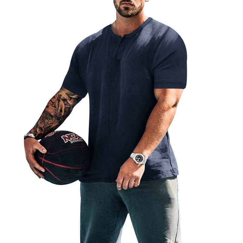 Herren lässiges Kurzarm-Henley-Shirt mit hochwertigem Baumwoll-Mix und praktischem Knopfdesign R&B