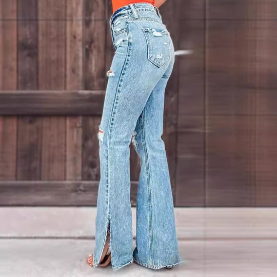 Damen Flared Jeans mit Distressed-Effekten und seitlichen Schlitzen R&B