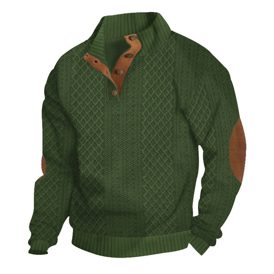 Herren nan gehobener Strickpullover mit Rautenmuster, hohem Rippkragen, knöpfbarer Latzleiste und Lederbesatz an Ellenbogen R&B