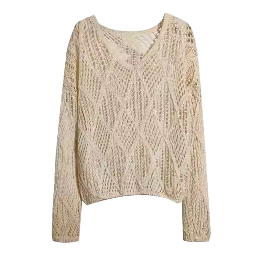 Damen Grobstrick Pullover mit innovativem Lochmuster und lässigem Schnitt R&B