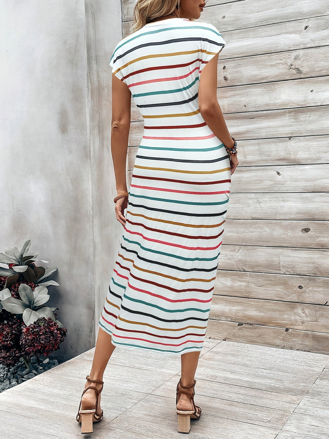 Damen Maxikleid mit Schleifenbindung und gestreiftem Design R&B