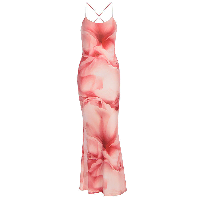 Damen langes Kleid mit floralem Design und Spaghettiträgern R&B