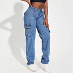 Damen Vintage Cargo Jeans mit elastischem Bund und seitlichen Taschen R&B