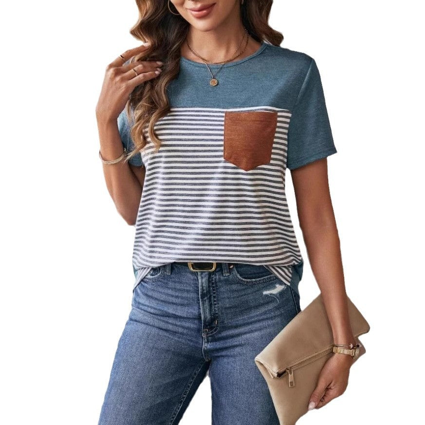 Damen Trendiges T-Shirt mit gestreiftem Design und Leder-Tasche R&B