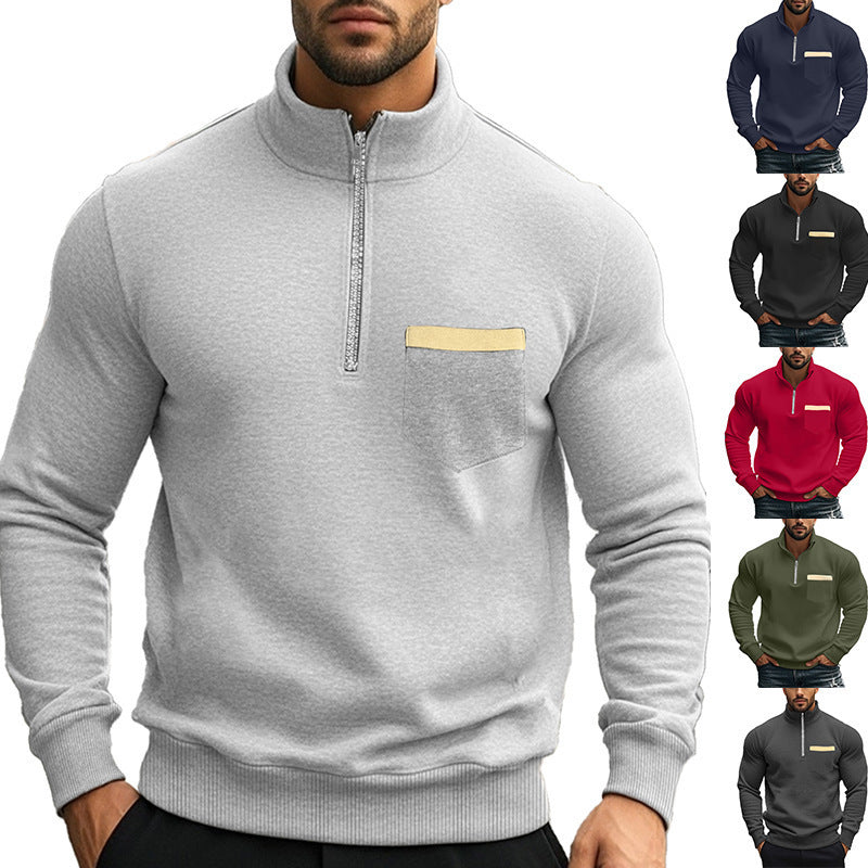 Herren Sportlicher Pullover mit halbem Reißverschluss und Kontrastbrusttasche R&B