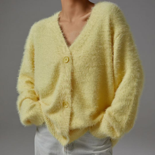 Damen flauschiger Cardigan mit V-Ausschnitt und übergroßem Schnitt R&B