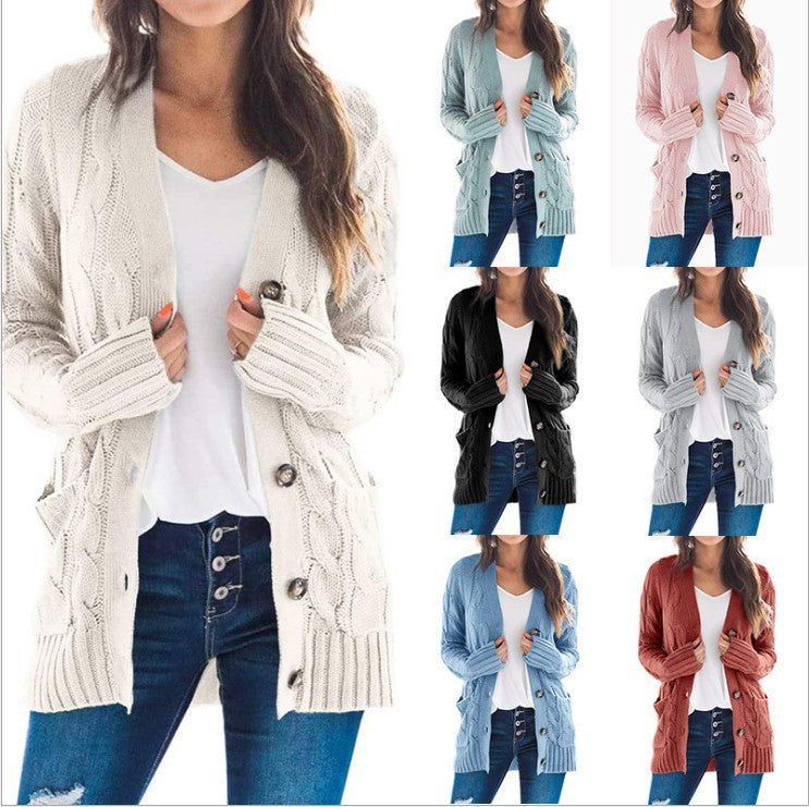 Damen Strickjacke mit Kabelmustern und großen Knöpfen R&B