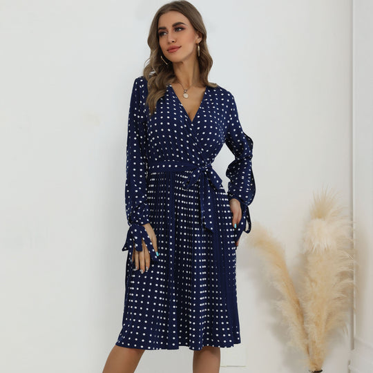 Damen Wickelkleid mit Punktmuster und langem Ärmel R&B