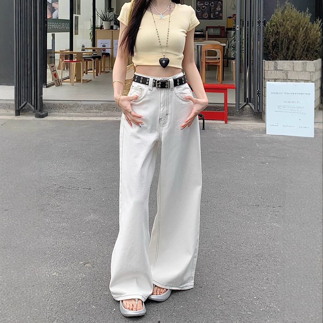 Damen weit geschnittene Denim-Hose mit hohem Bund und lässigem Schnitt R&B