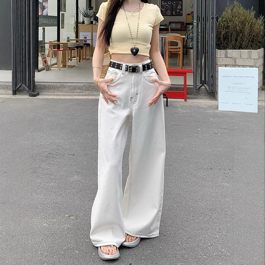 Damen weit geschnittene Denim-Hose mit hohem Bund und lässigem Schnitt R&B