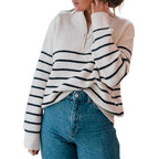 Damen lässiger Pullover mit kurzem Reißverschluss und Streifenmuster R&B