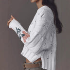 Damen Strickpullover mit floralem Design und V-Ausschnitt