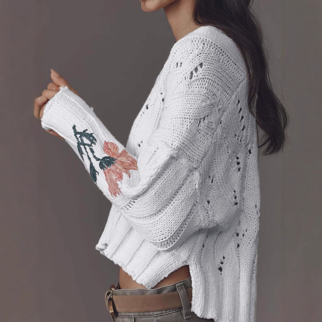 Damen Strickpullover mit floralem Design und V-Ausschnitt