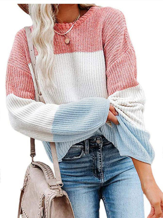 Damen modischer Strickpullover mit farbigem Blockdesign und weitem Schnitt R&B