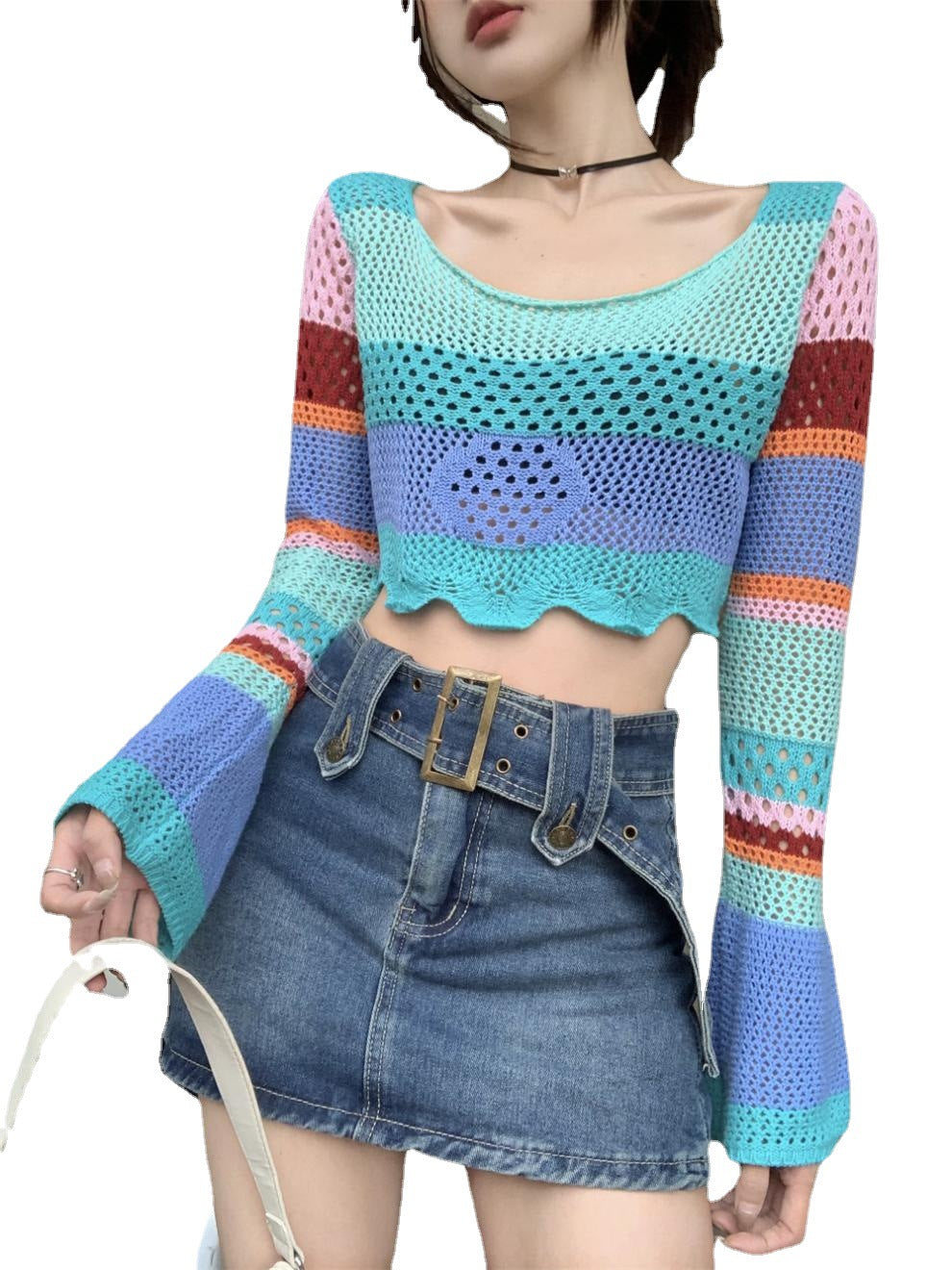 Damen luftiges Strickoberteil mit bunten Lochmuster R&B