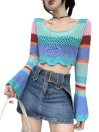 Damen luftiges Strickoberteil mit bunten Lochmuster R&B