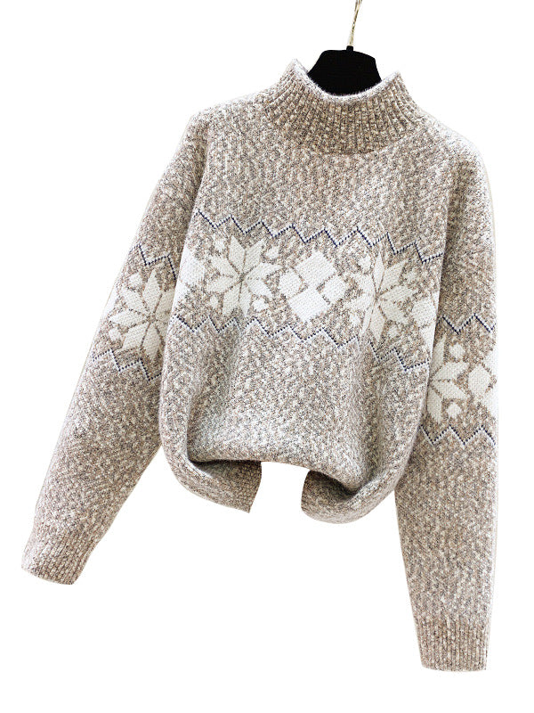 Damen kuscheliger Pullover mit hochgelegtem Kragen und winterlichem Motiv R&B