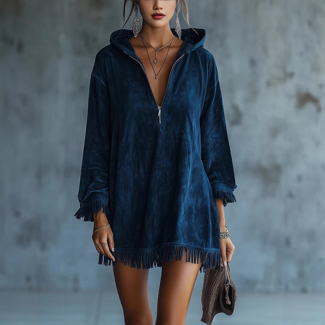 Damen Kapuzenpullover mit Fransen und tiefem Ausschnitt R&B