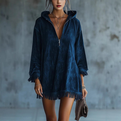Damen Kapuzenpullover mit Fransen und tiefem Ausschnitt R&B