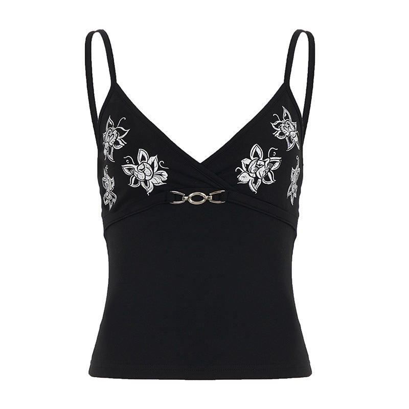 Damen körperbetontes Top mit floralem Design und dekorativem Verschluss R&B