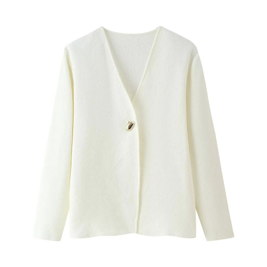 Damen elegante Strickjacke mit V-Ausschnitt und dekorativem Knopf R&B