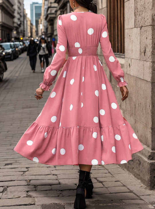 Damen Elegantes Maxi-Kleid mit modischem Punkte-Design und Taillenbetonung R&B