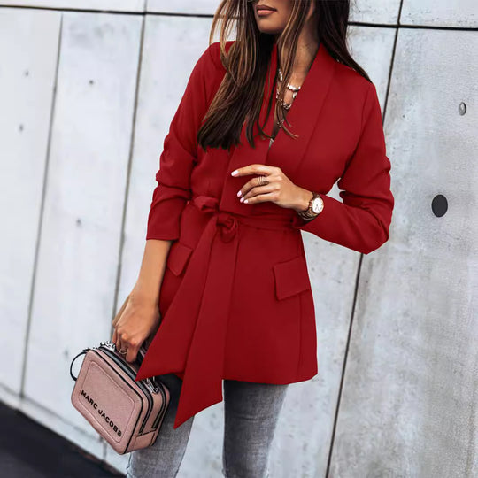 Damen eleganter Taillierter Blazer mit Gürtel und Taschen R&B