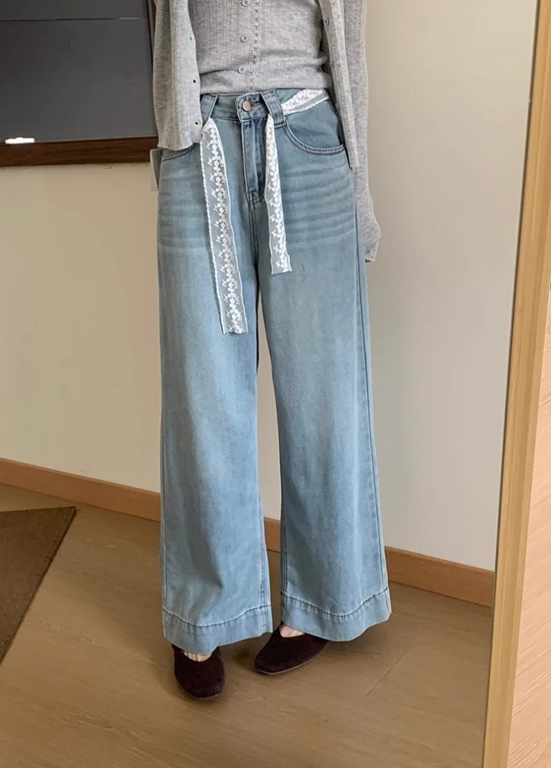 Damen Weite High-Waist Jeans mit dekorativem Kordelzug R&B