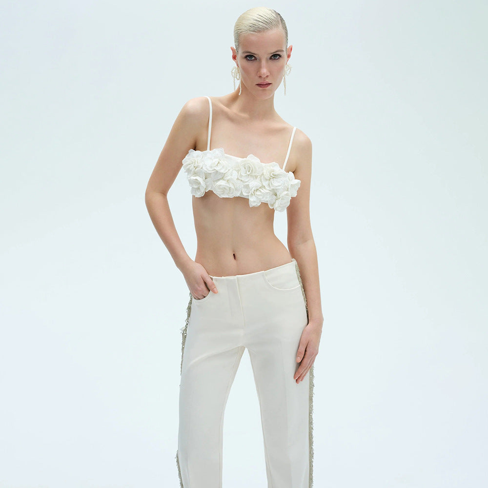 Damen elegantes Oberteil mit floralen Applikationen und schmalem Hosenanzug R&B