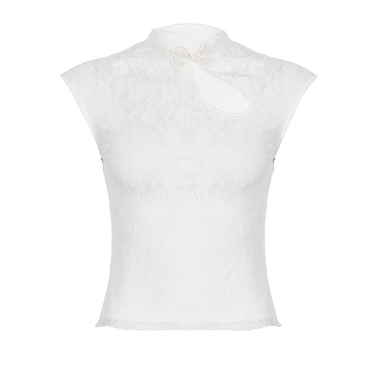 Damen Crop-Top mit floralem Spitzenmuster und raffiniertem Halterneck R&B