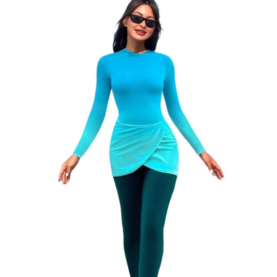 Damen Modischer Langarm-Schwimmanzug mit Wickelrock R&B