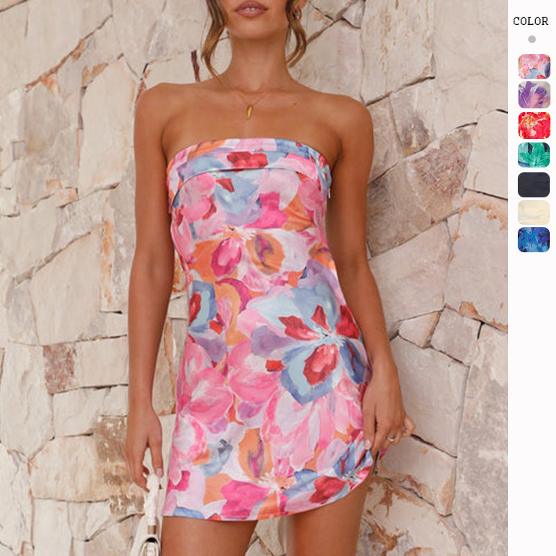 Damen flirtendes Minikleid im Bandeau-Stil mit floralen Akzenten und schwingendem Saum R&B