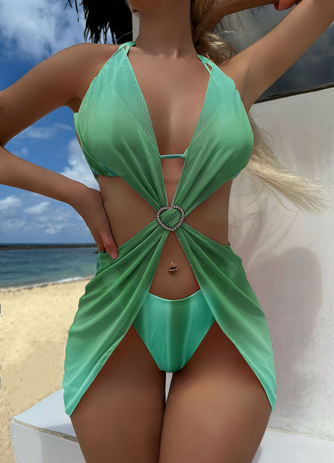 Damen Trendiges Zwei-in-Eins-Bikini-Set mit modischem Wickelrock R&B