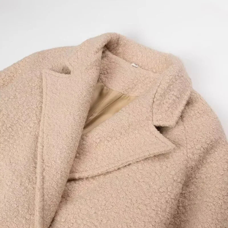 Damen eleganter und kuscheliger Wollmantel mit Gürtel und aufgesetzten Taschen R&B