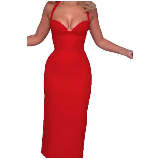 Damen figurbetontes Midi-Kleid mit tiefem Ausschnitt und trägerlosem Design R&B