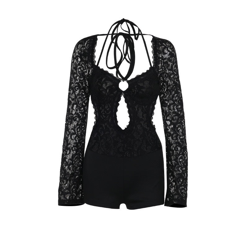 Damen Elegantes und verführerisches Spitzen-Outfit mit tiefem Ausschnitt und langen Ärmeln R&B