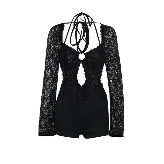 Damen Elegantes und verführerisches Spitzen-Outfit mit tiefem Ausschnitt und langen Ärmeln R&B