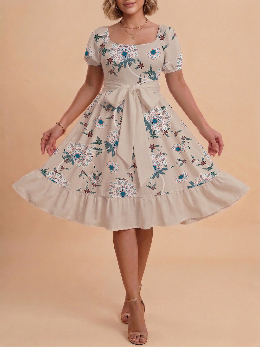 Damen Blumenkleid mit taillierbarem Gürtel und voluminösen Ärmeln R&B