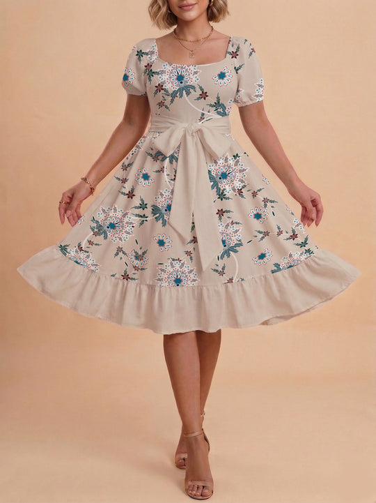 Damen Blumenkleid mit taillierbarem Gürtel und voluminösen Ärmeln R&B
