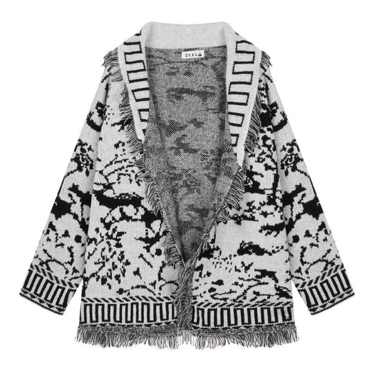 Damen Fransen-Strickjacke mit grafischem Muster und offenen Vorderteilen R&B